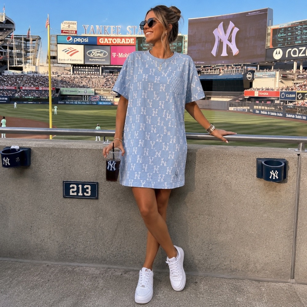 MLB New York Yankees T Shirt Dress Large Blue All Over NY Logo Pocket